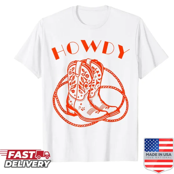 Vintage graphic of cowboy boots and lasso with 'Howdy' text.