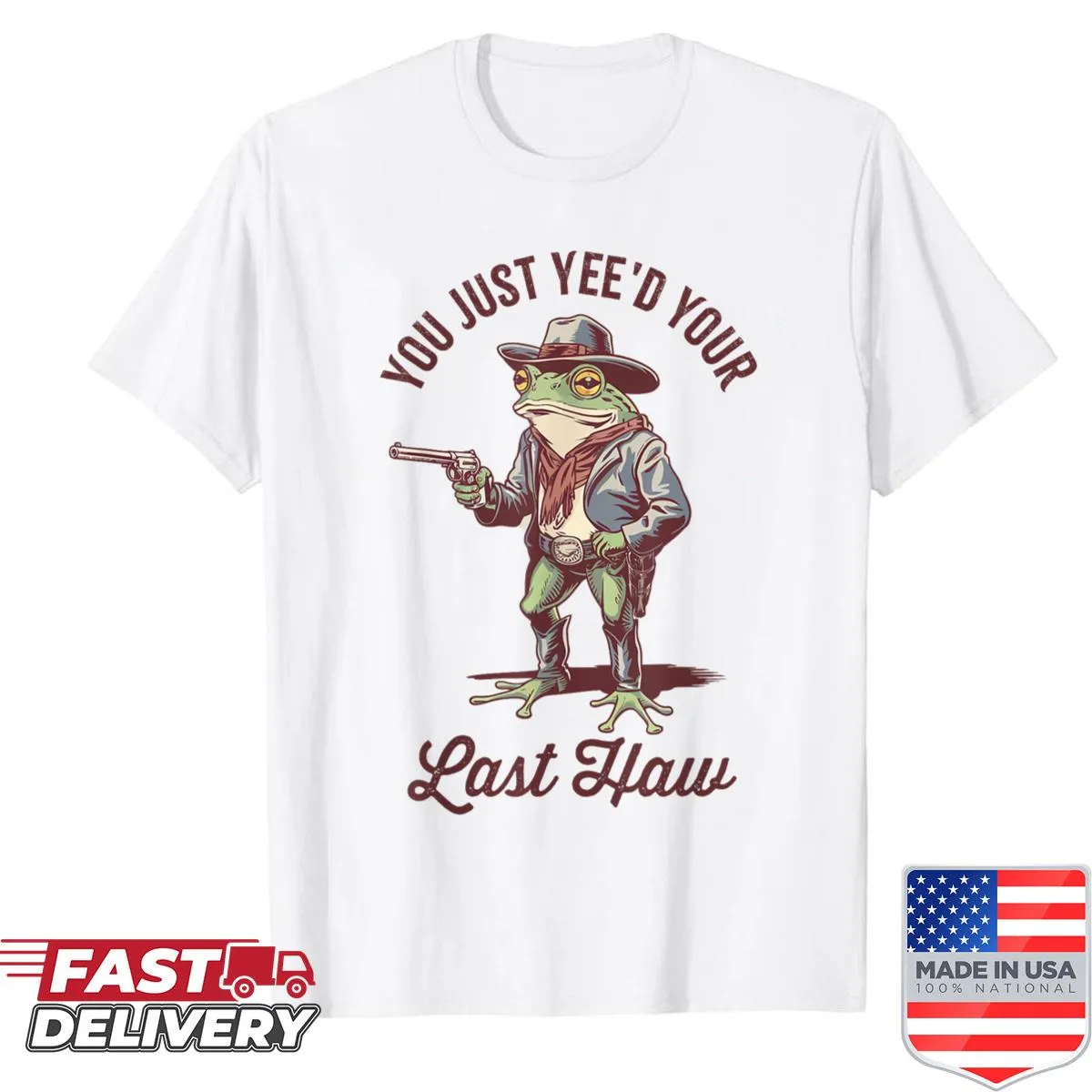 Vintage-style t-shirt featuring a cowboy frog and humorous text