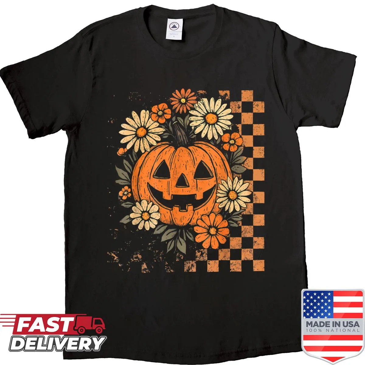 Cute vintage boho pumpkin shirt for Halloween and fall.