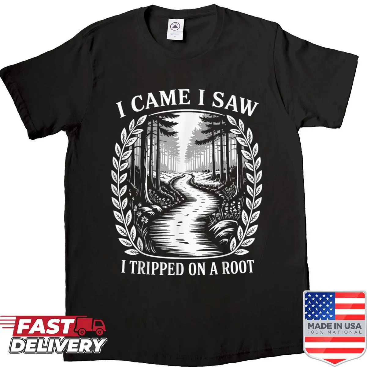 Vintage hiking shirt with humorous text about tripping on a root