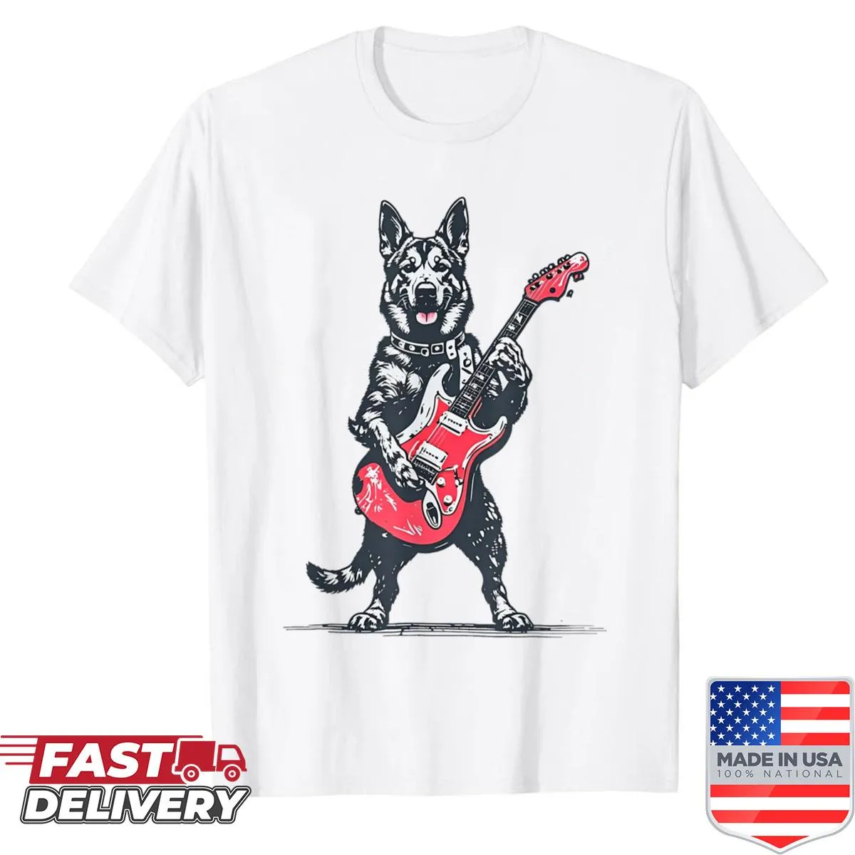 Graphic of a German Shepherd playing guitar with humorous text.