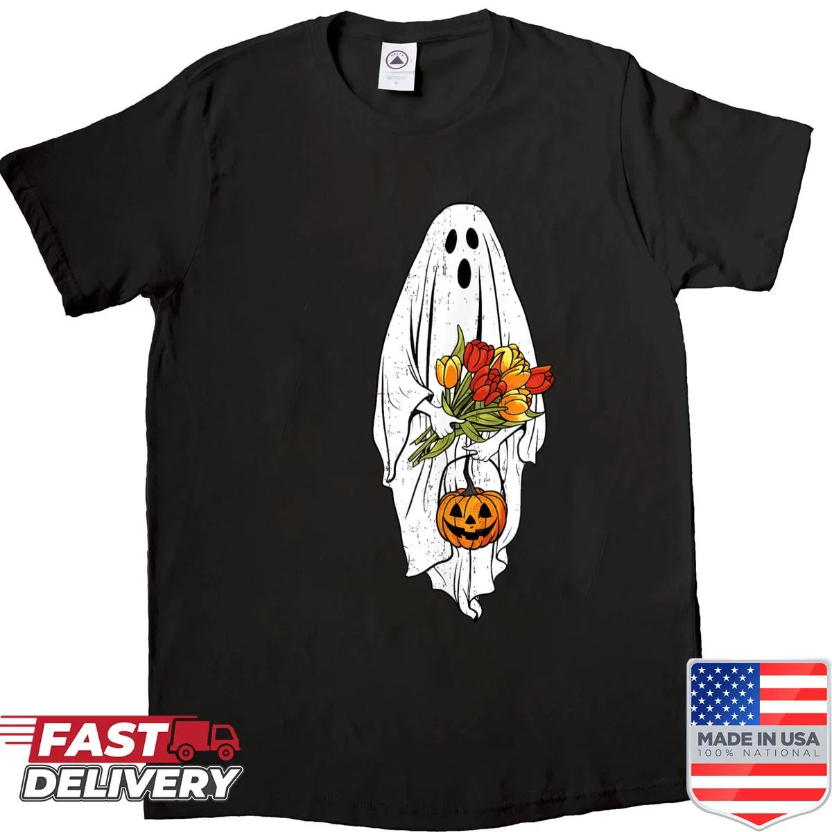 Vintage-style Halloween shirt with ghost pumpkin and floral design