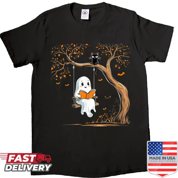 Vintage Halloween shirt with a ghost swinging and reading a book