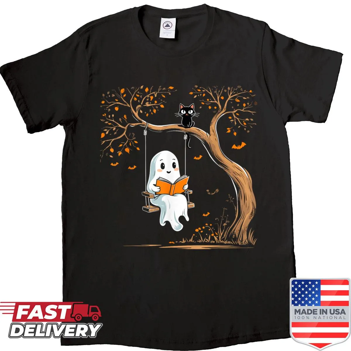 Vintage Halloween shirt with a ghost swinging and reading a book