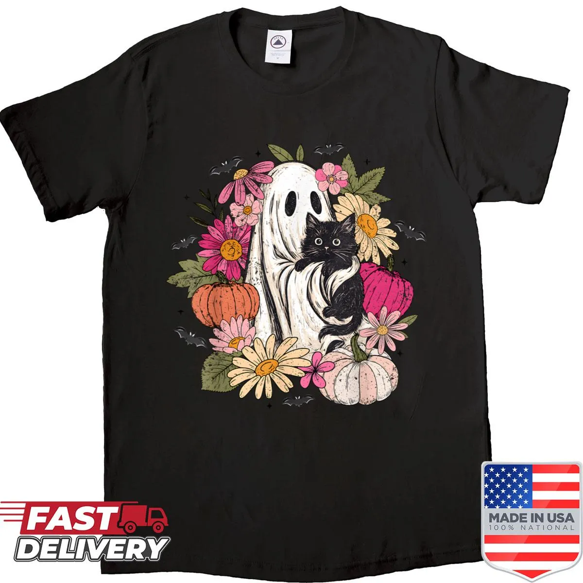 Cute Halloween shirt with ghost and black cat design