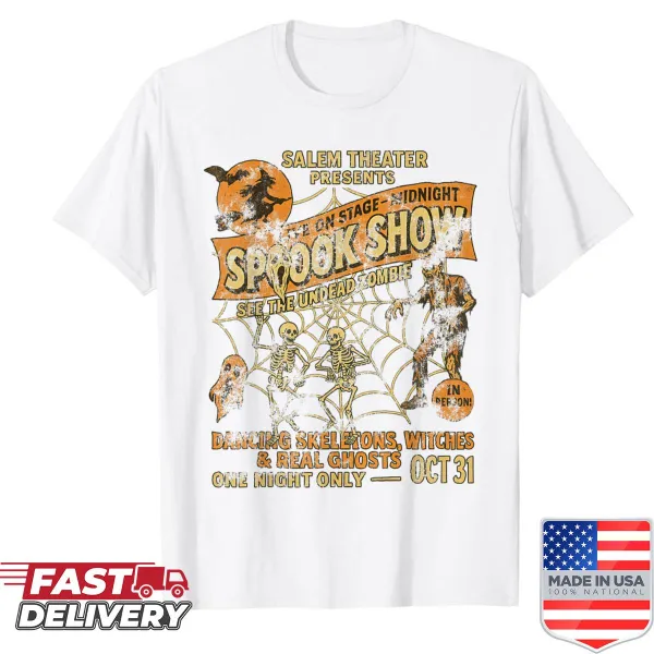Vintage Halloween t-shirt with witch and dancing skeletons illustration