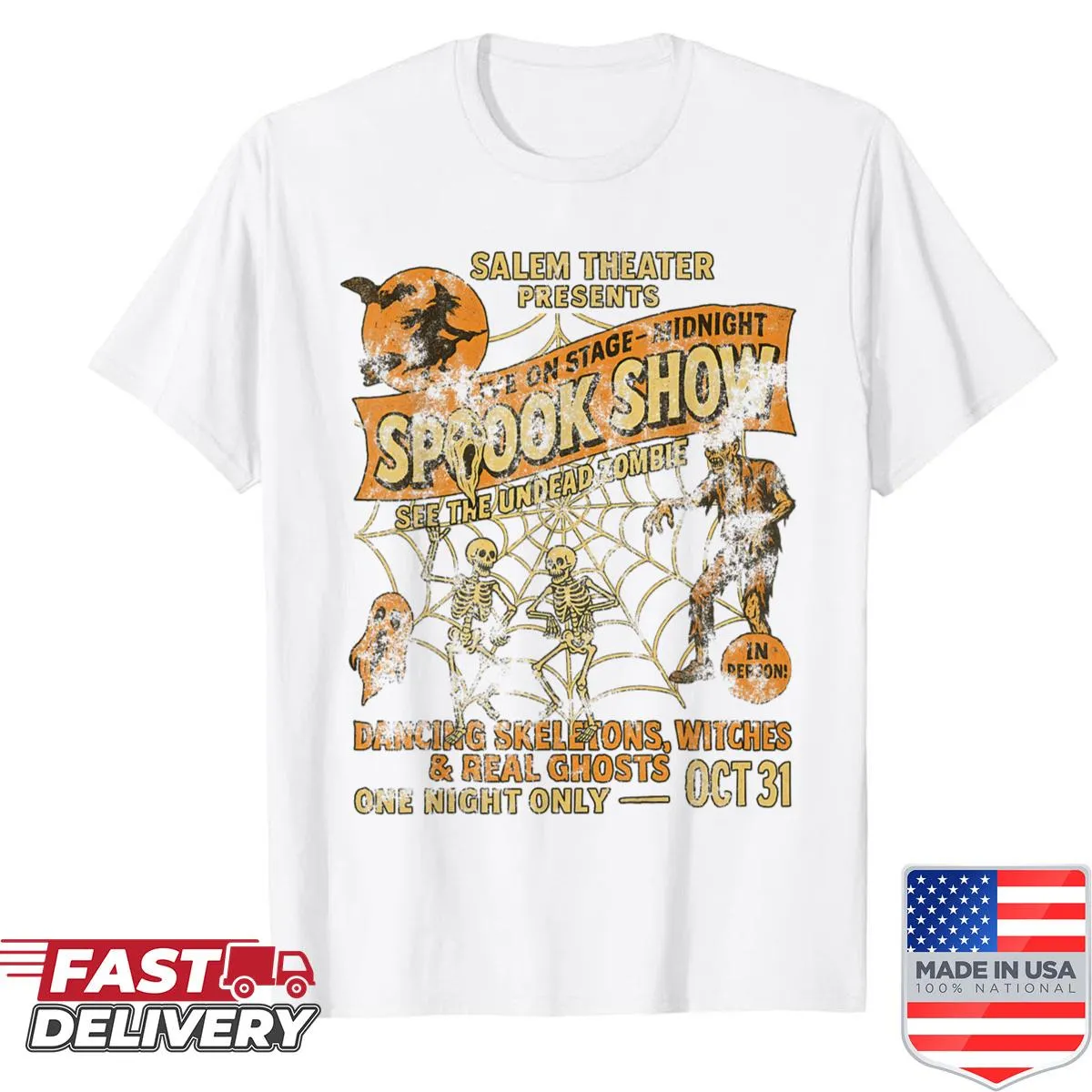 Vintage Halloween t-shirt with witch and dancing skeletons illustration