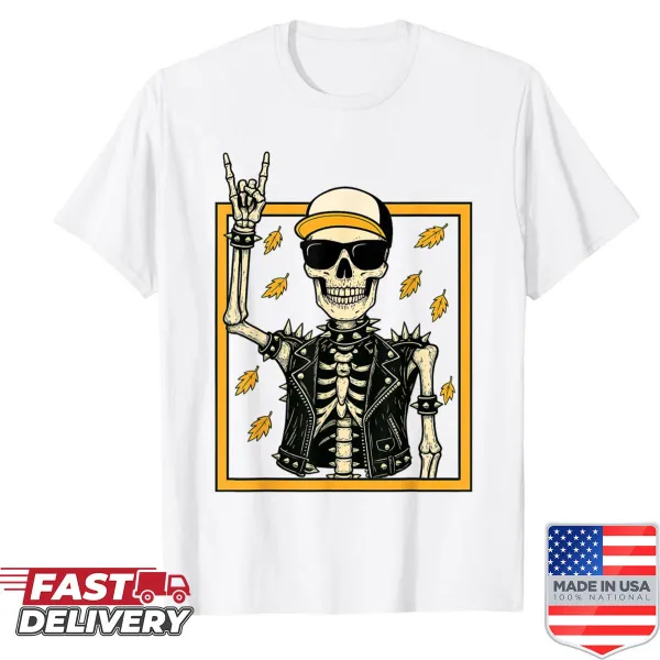 Vintage Halloween shirt with a skeleton hand making a rock gesture