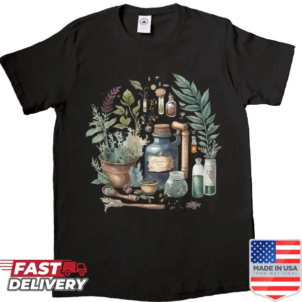 Vintage herbalist shirt featuring various herbs and botanical designs