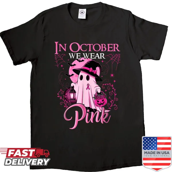 Vintage Halloween shirt with a ghost and 'In October We Wear Pink' text
