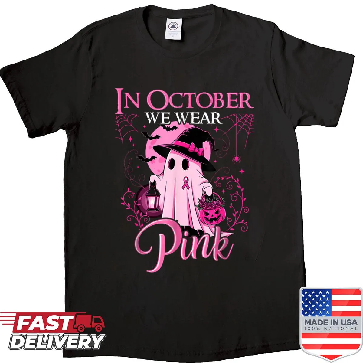 Vintage Halloween shirt with a ghost and 'In October We Wear Pink' text