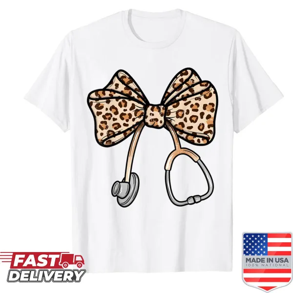 Vintage nursing assistant shirt with leopard print and stethoscope design