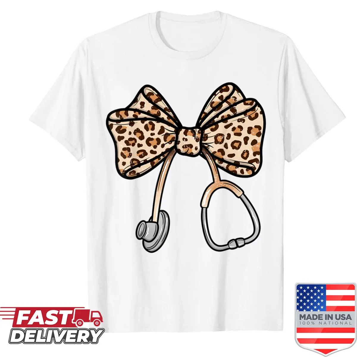 Vintage nursing assistant shirt with leopard print and stethoscope design