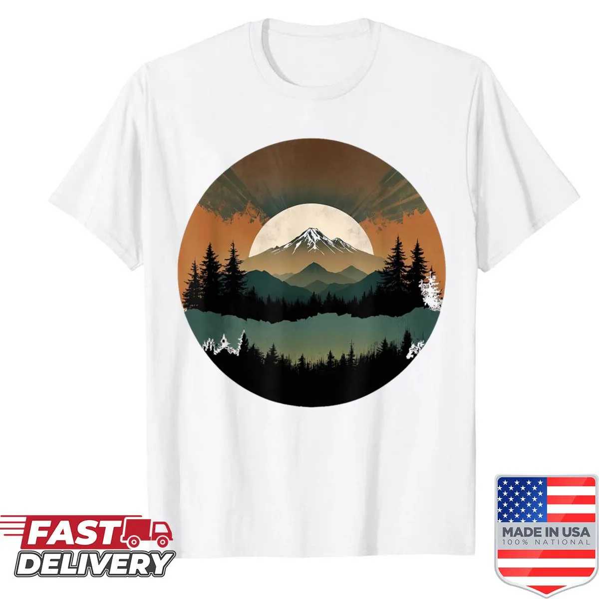 Retro shirt featuring a mountain forest landscape at sunset