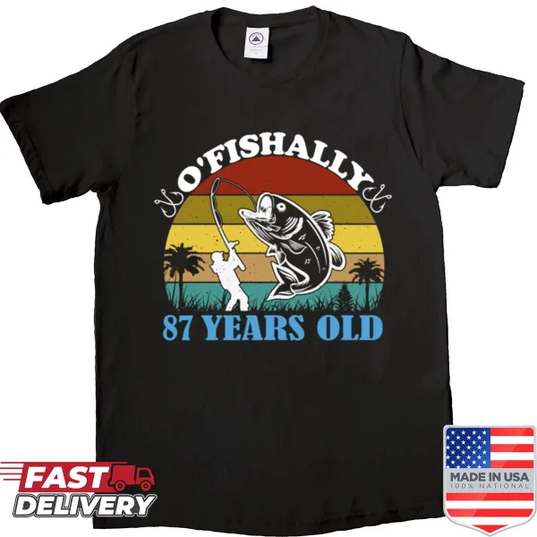 Vintage distressed shirt with 'Ofishally 87 Years Old' fishing graphic