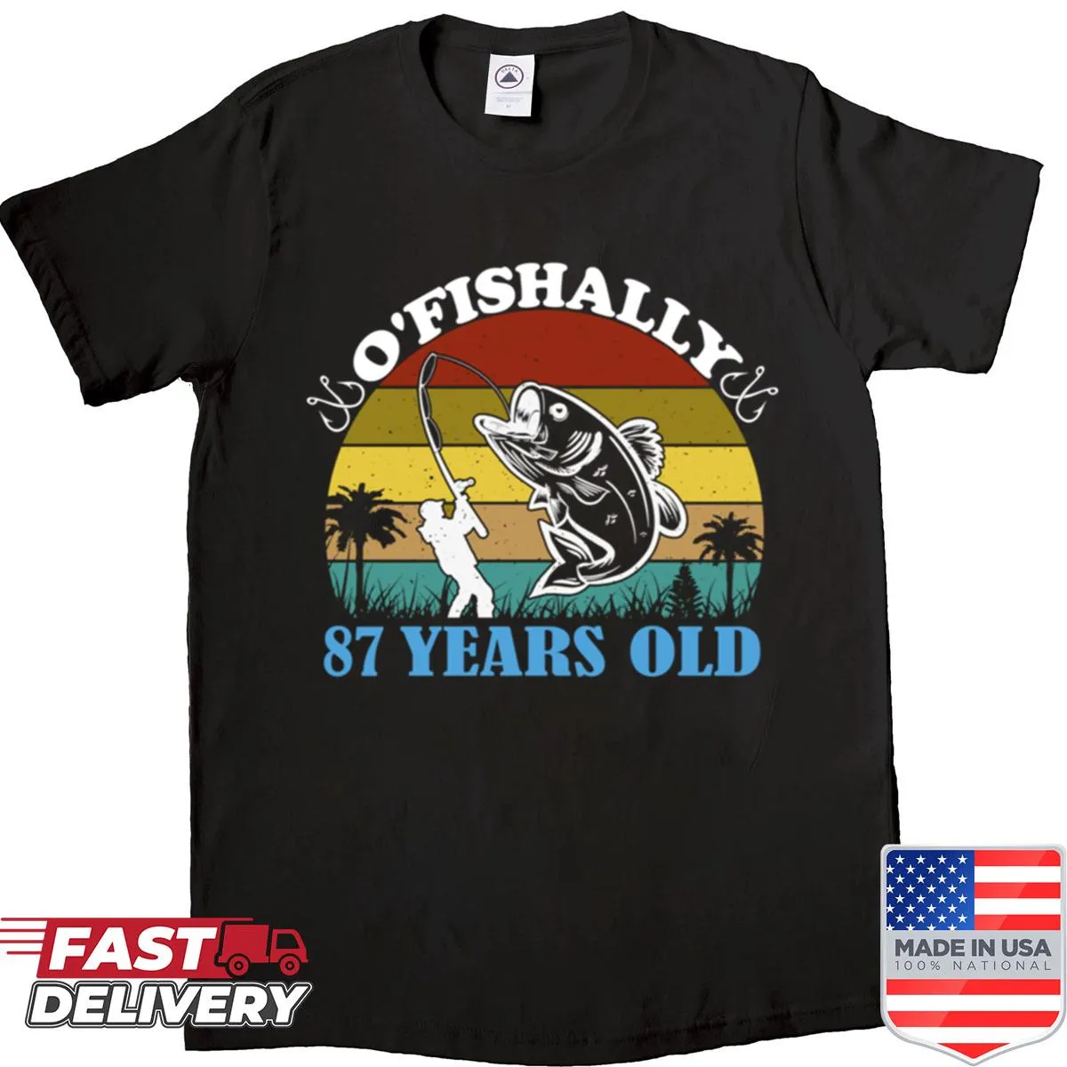 Vintage distressed shirt with 'Ofishally 87 Years Old' fishing graphic