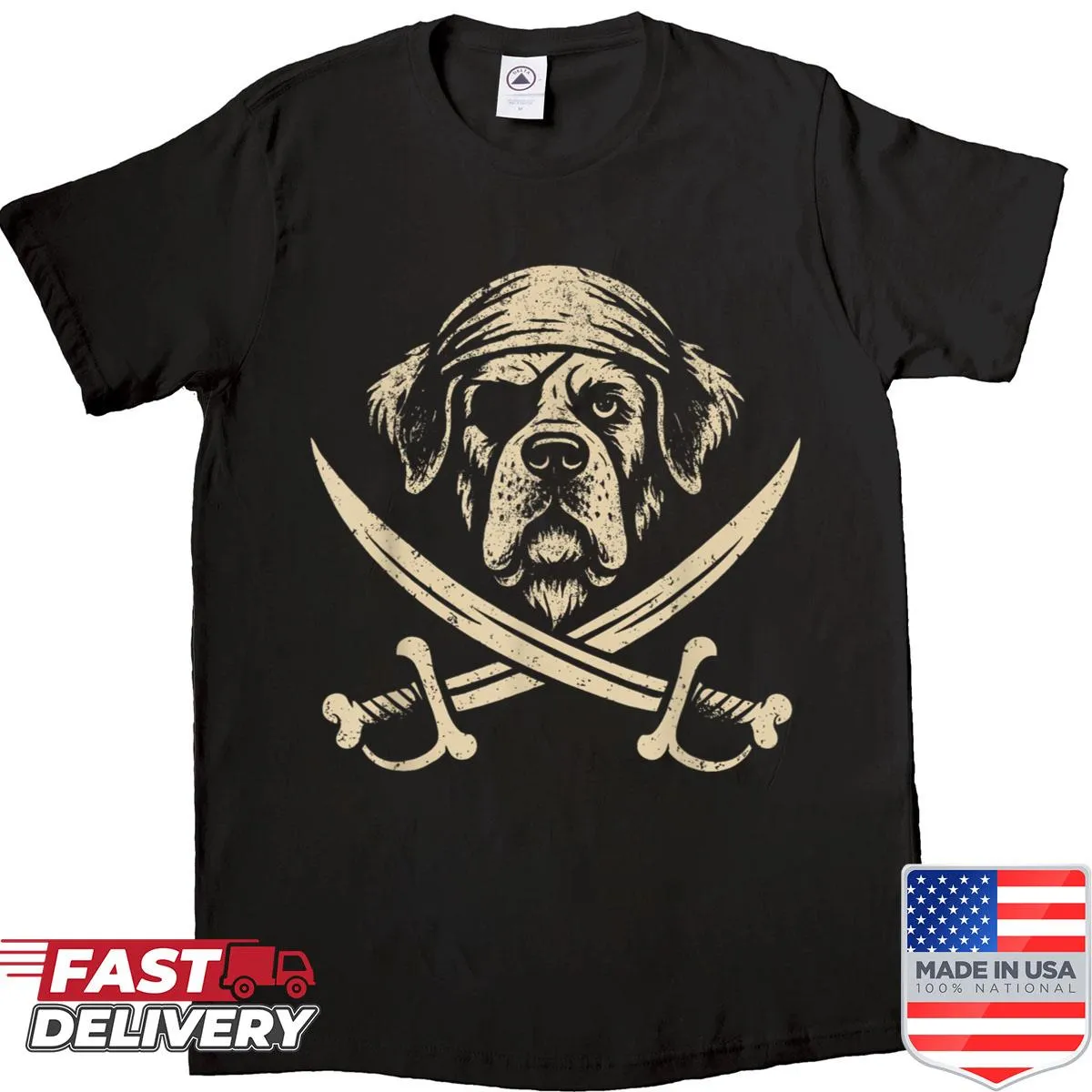 Cute pirate Saint Bernard with crossbones illustration on T-shirt