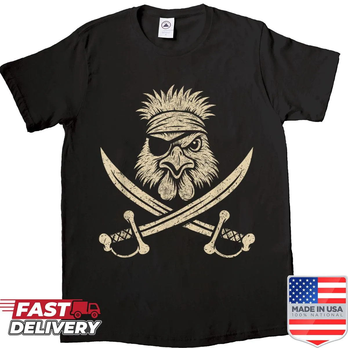 Vintage-style shirt featuring a Silkie chicken and pirate crossbones design