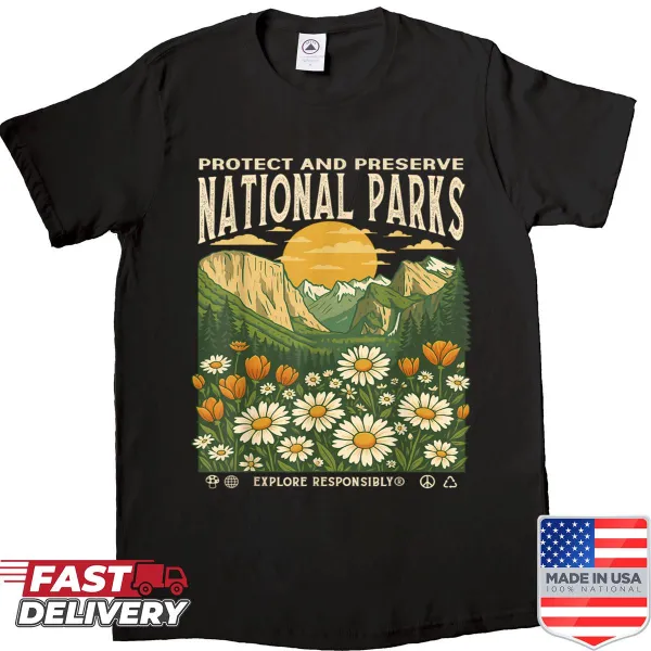 Vintage shirt with sunset and floral design celebrating national parks