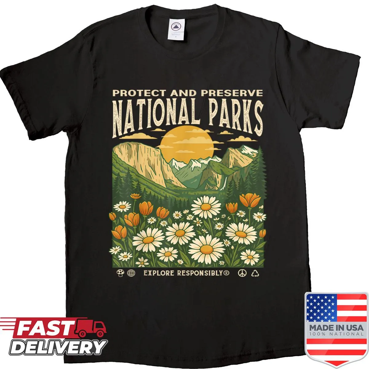 Vintage shirt with sunset and floral design celebrating national parks