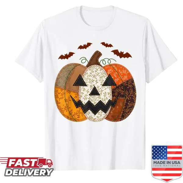 Shirt featuring an illustration of a pumpkin patch