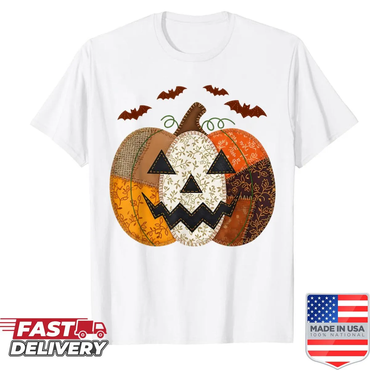 Shirt featuring an illustration of a pumpkin patch