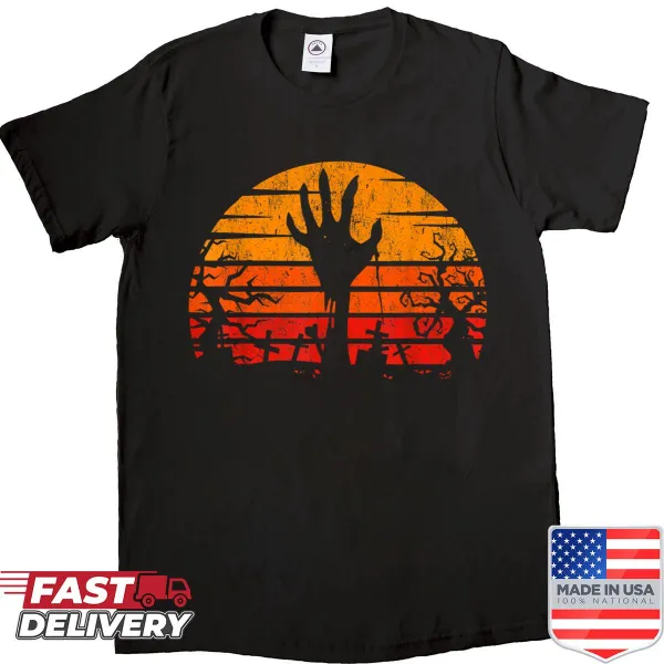 Retro Halloween shirt with a graphic of a zombie hand against a sunset