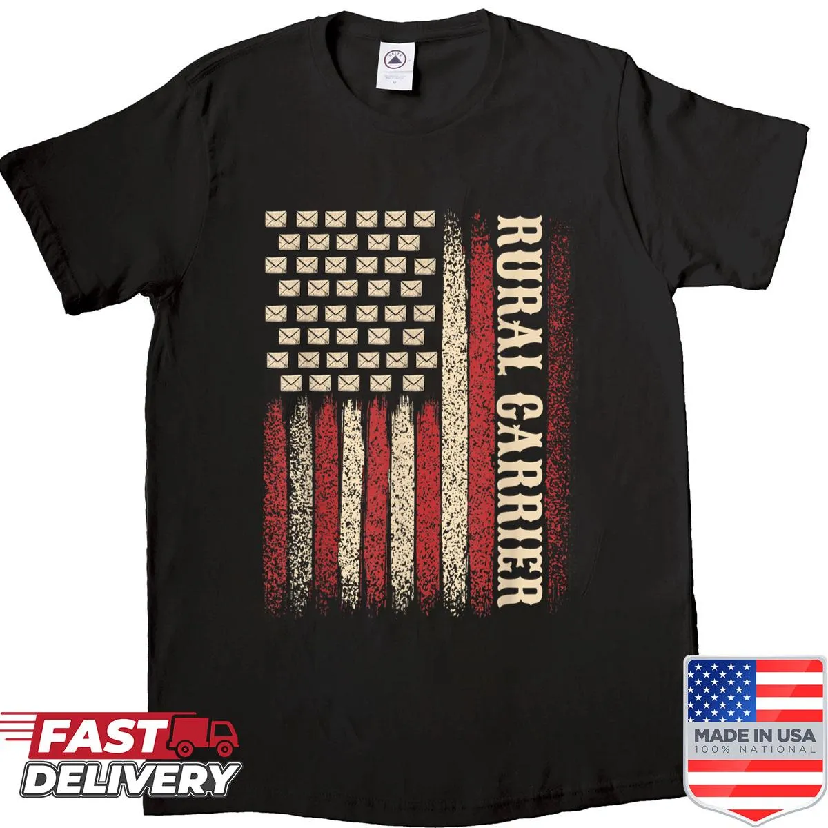 Vintage-style T-shirt honoring rural mail carriers with the USA flag design.