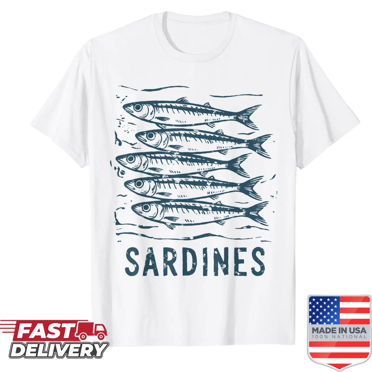 Retro graphic of sardines in a tin against ocean backdrop.