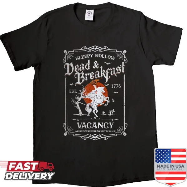 Vintage Dead and Breakfast graphic with a headless horseman for Halloween