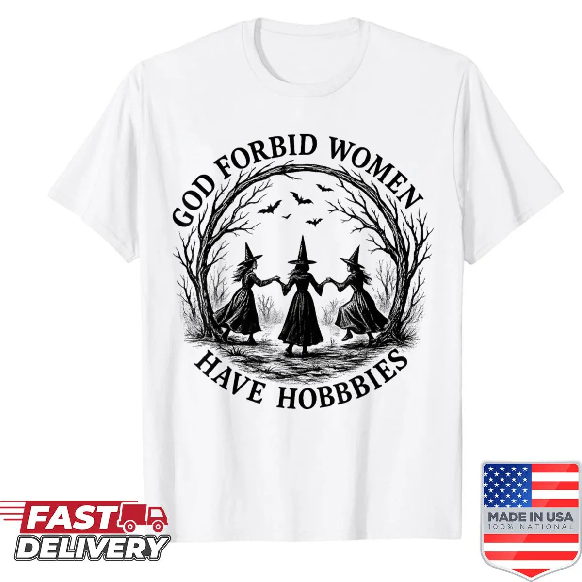 Vintage-style shirt celebrating witches and feminism
