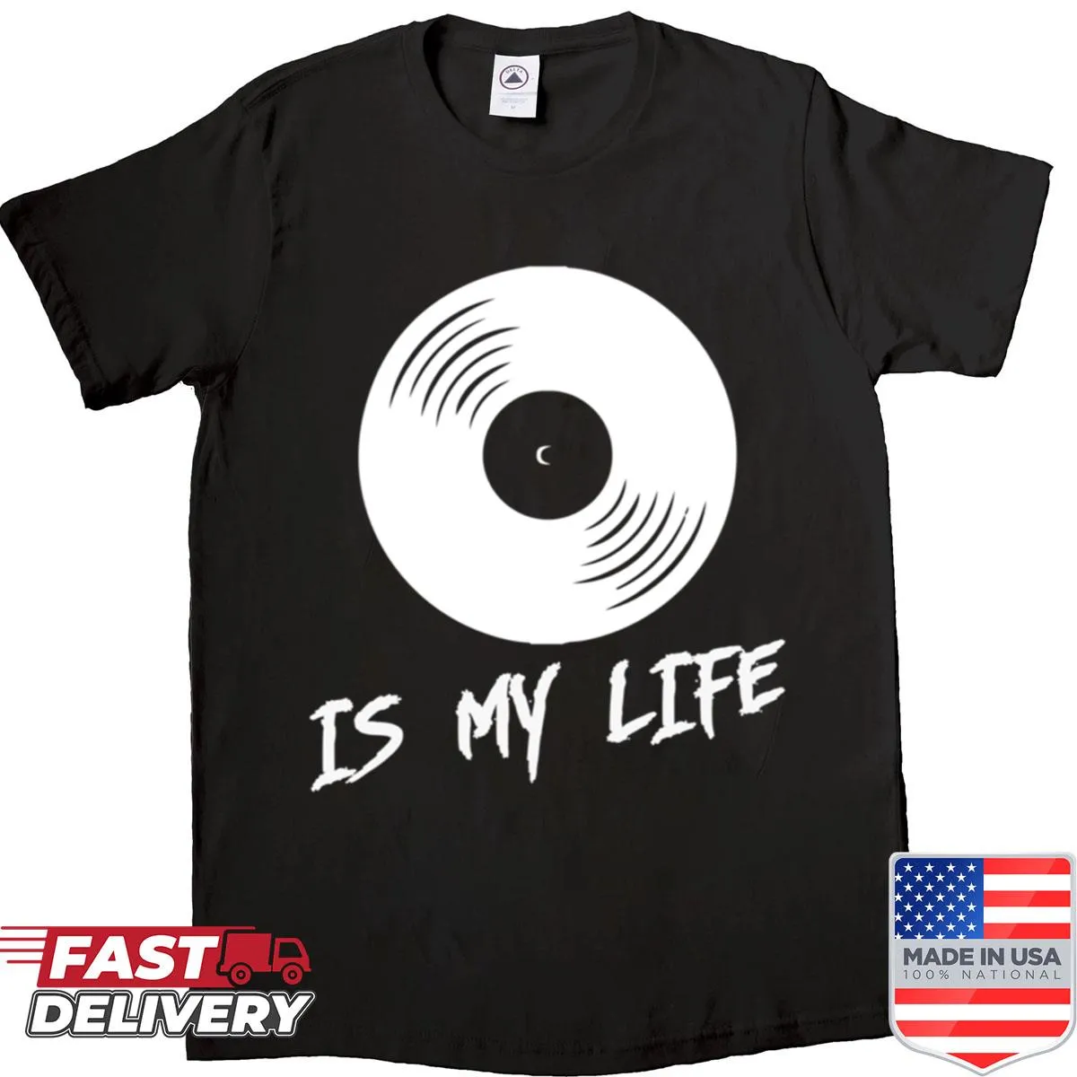 T-shirt with a bold statement about a passion for vinyl records.