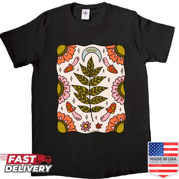 Minimalist Virgo zodiac t-shirt with a leaf design