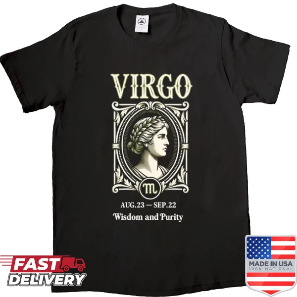 Inspirational Virgo shirt with 'Wisdom And Purity' text