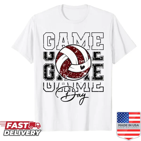 Maroon volleyball mom shirt with white typography