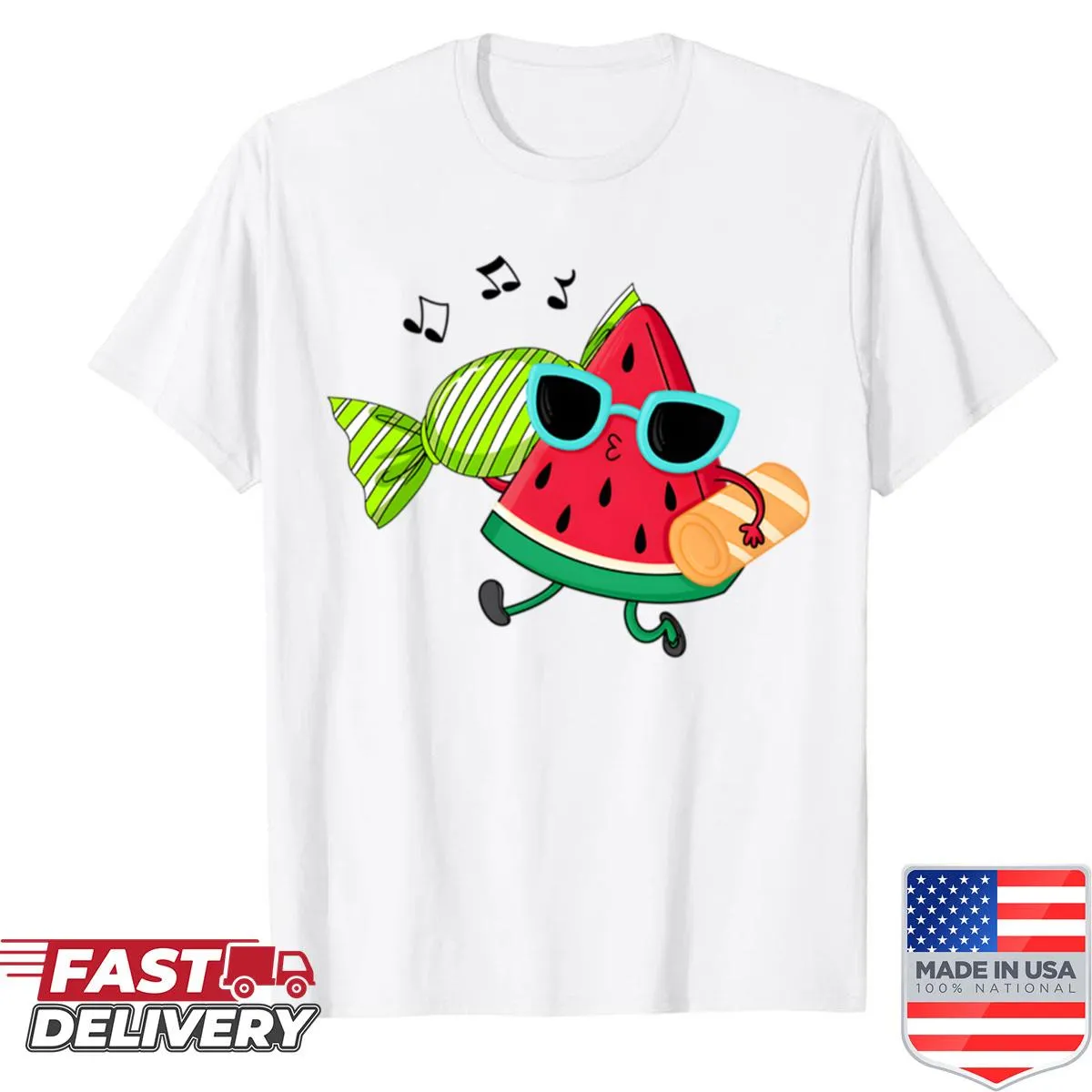 Whimsical watermelon illustration with text about sweets