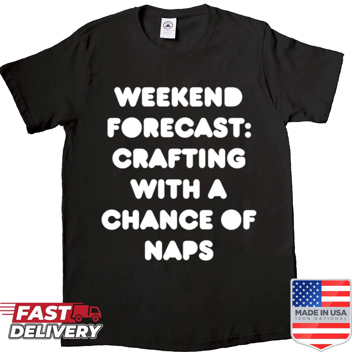 Crafting forecast shirt with nap-themed graphic