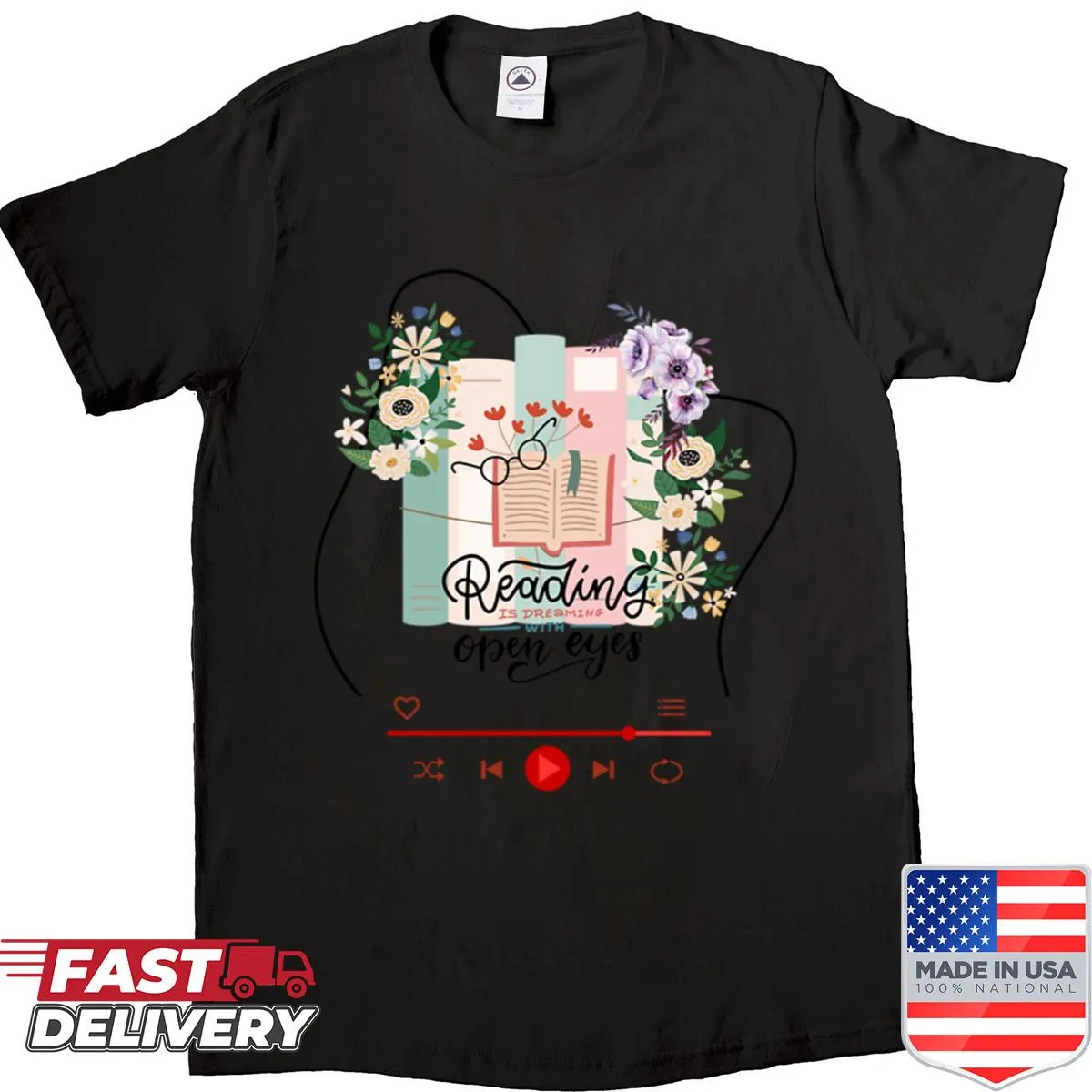 Shirt featuring a whimsical blend of books and flowers with dreamy vibes