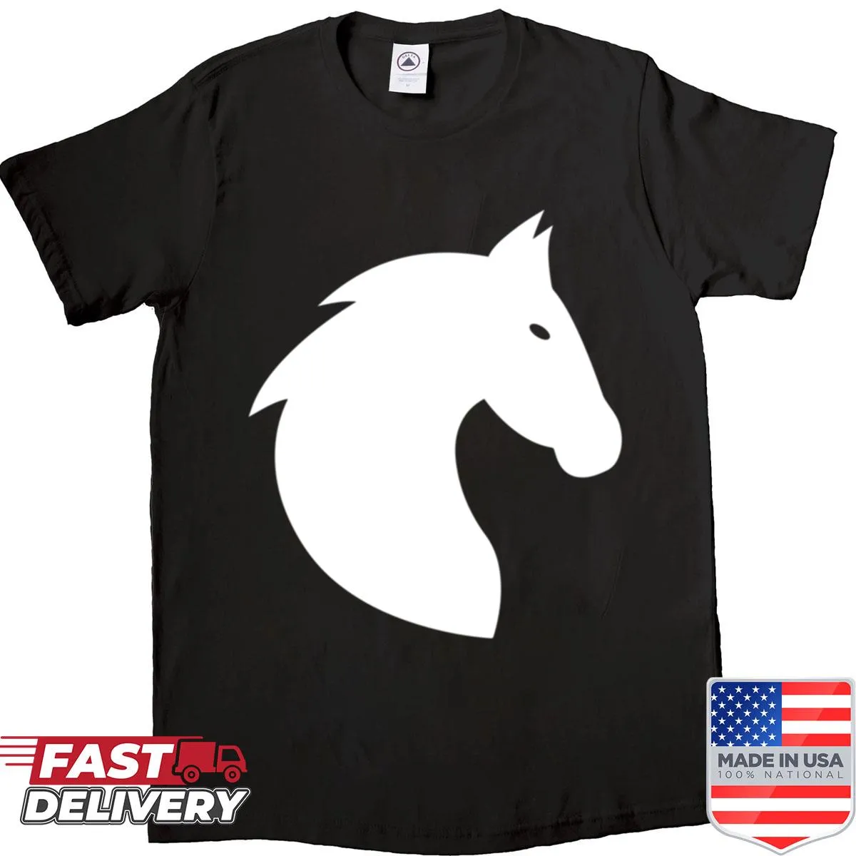 Horse head illustration within a shield on T-shirt
