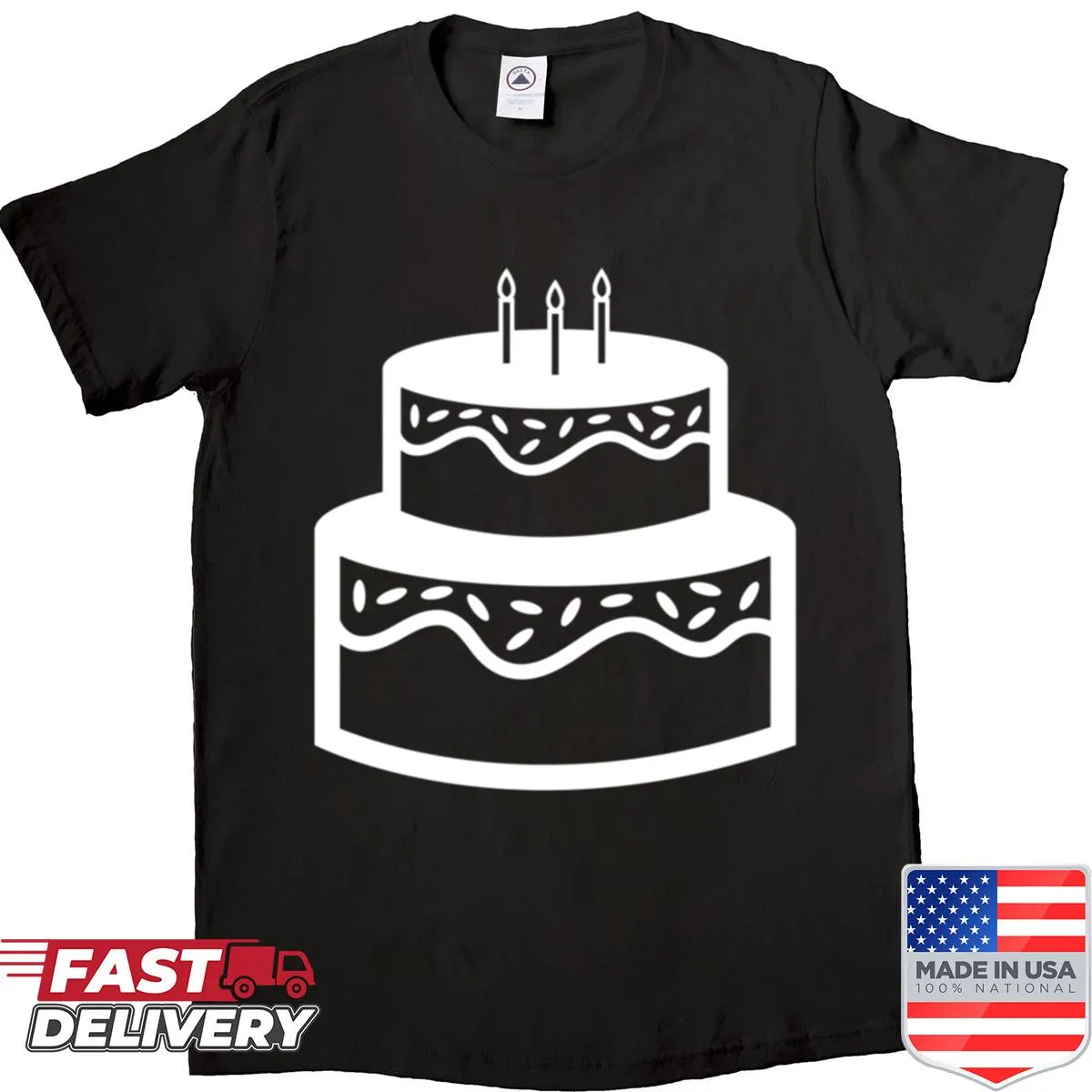 Illustration of a birthday cake with colorful candles on a shirt
