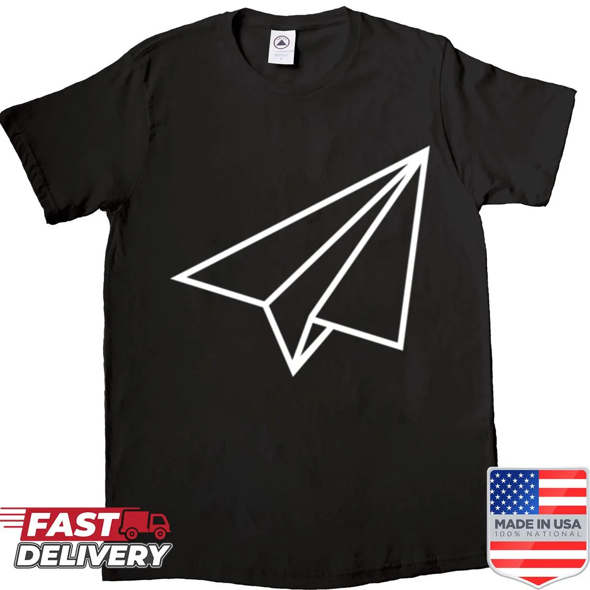 Playful paper airplane illustration on front of shirt