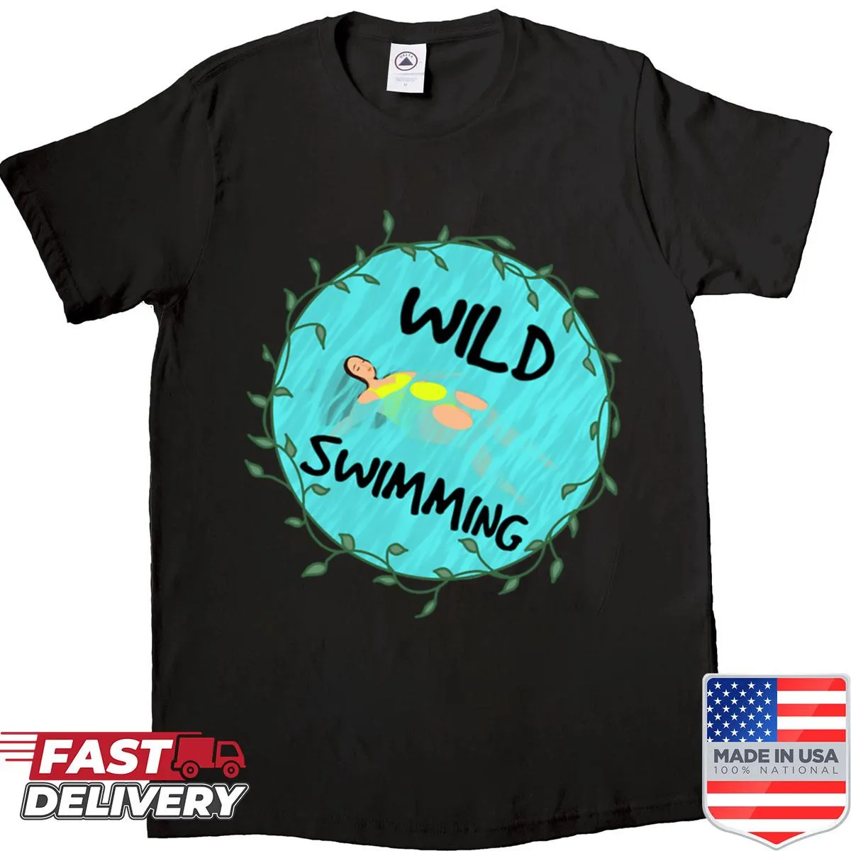 Illustrative Wild Swimming shirt featuring serene aquatic elements