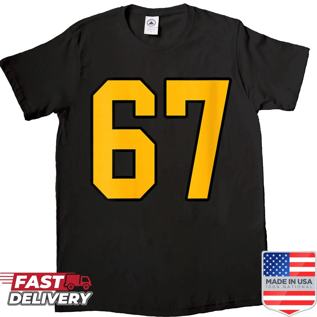 Womens jersey shirt with number 67 design in gold and black