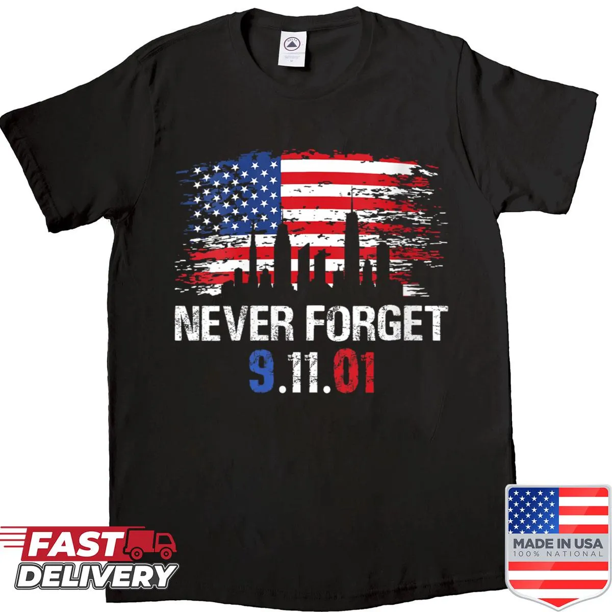Memorial Day shirt with American flag and September 11 tribute