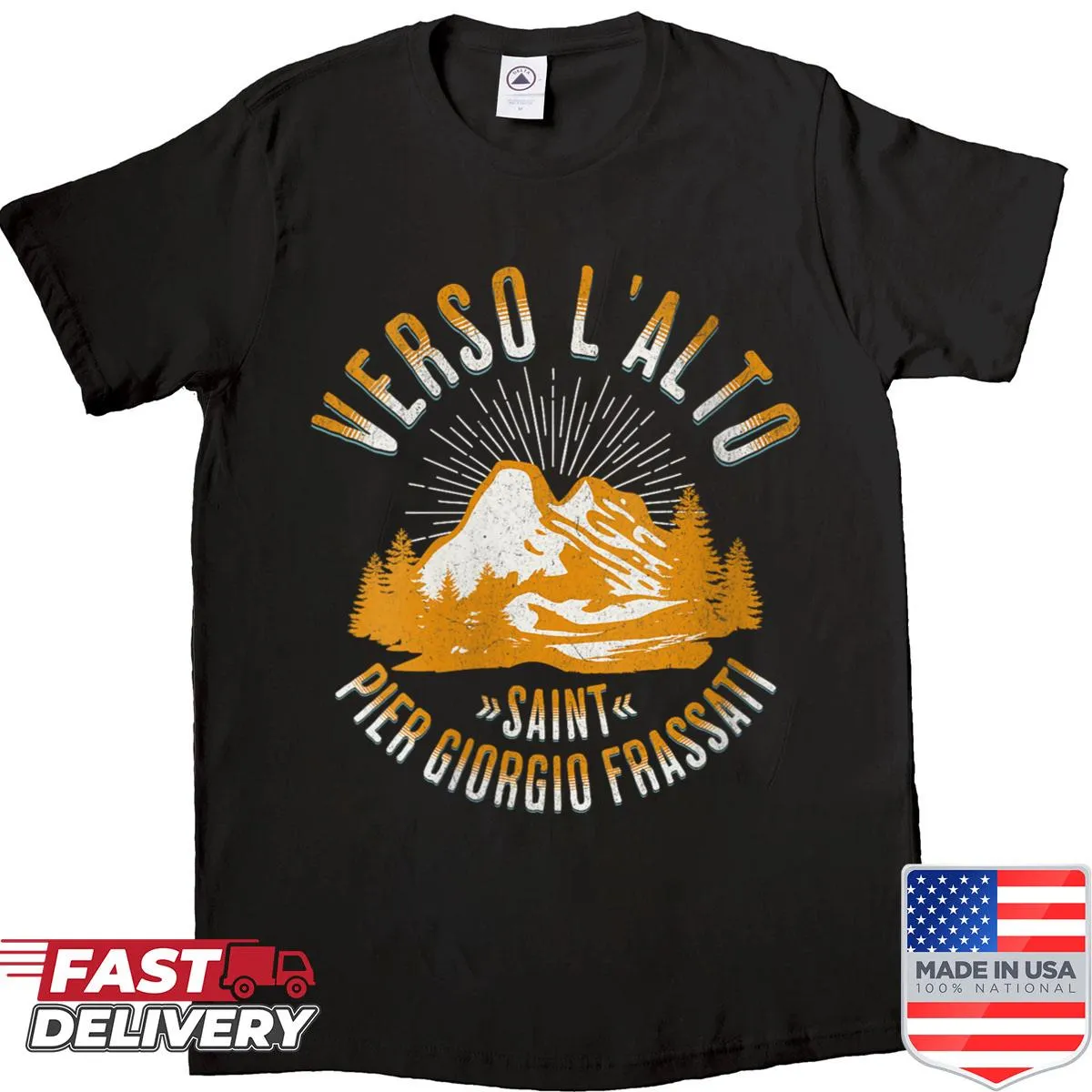 Climbing themed graphic dedicated to St. Pier Giorgio Frassati on a shirt