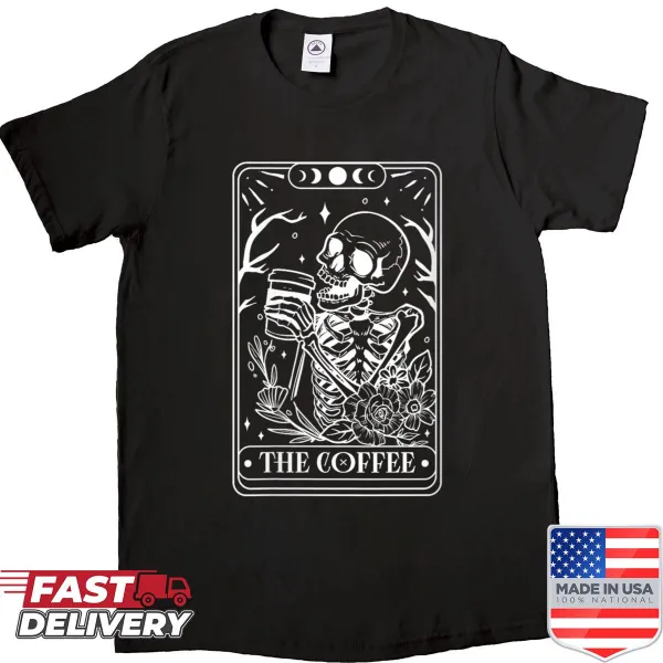 Whimsical shirt featuring coffee-themed tarot illustrations