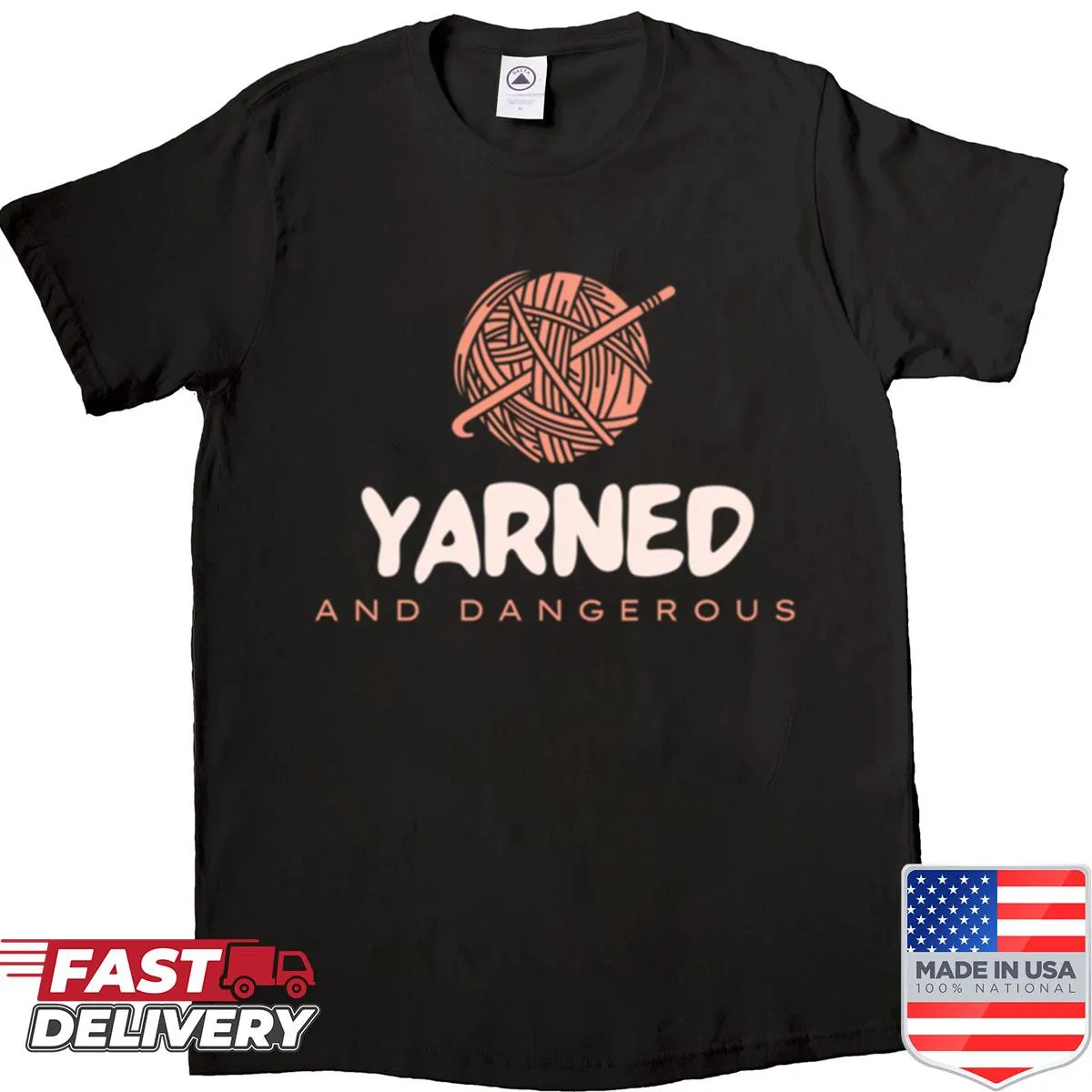 Humorous shirt with a playful graphic about knitting and crocheting