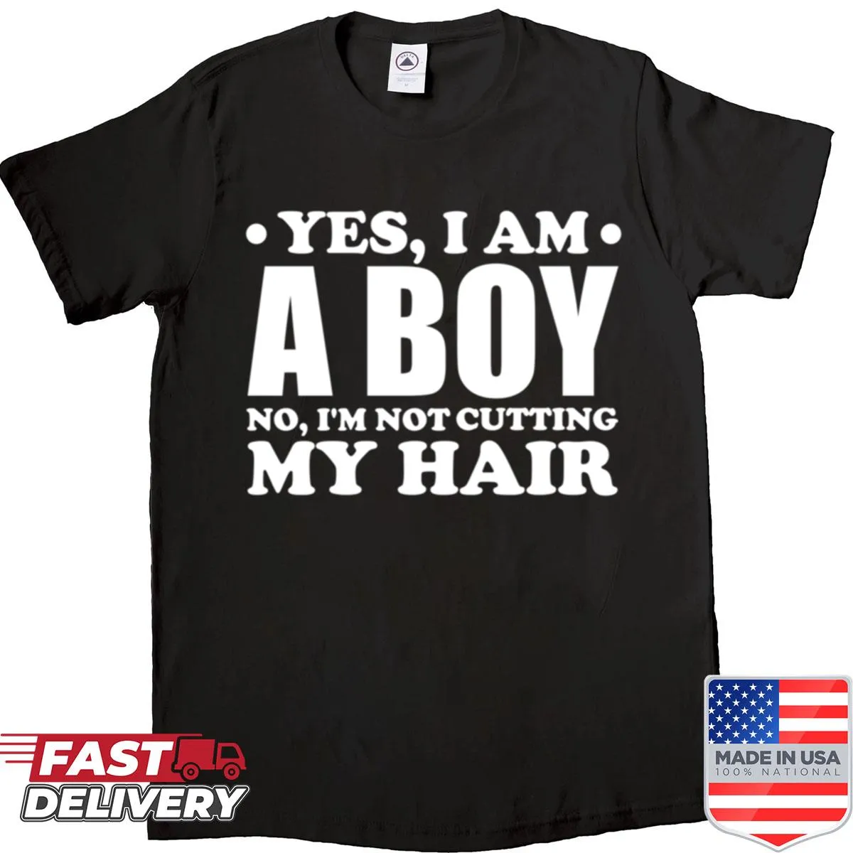 Playful shirt with bold text about hair and identity