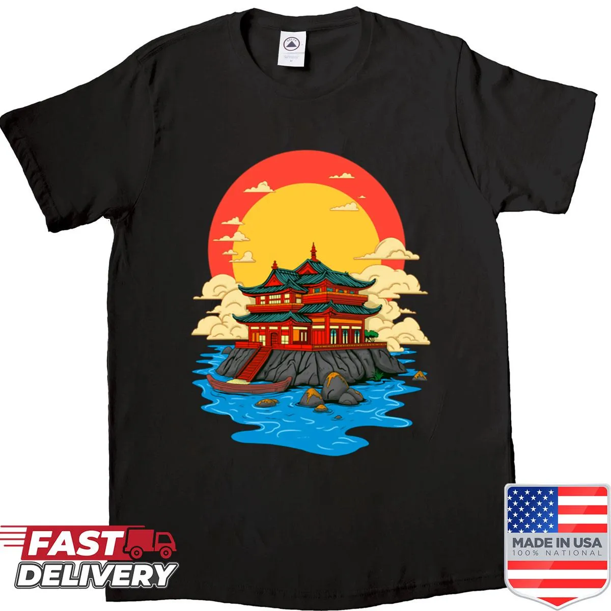 Serene landscape illustration on Zen Horizon shirt