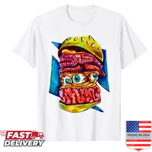 Zom-burger T-shirt with a humorous zombie burger design